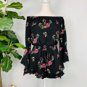 BLACK FLORAL LONG BELL SLEEVE SHORT RUFFLE ROMPER